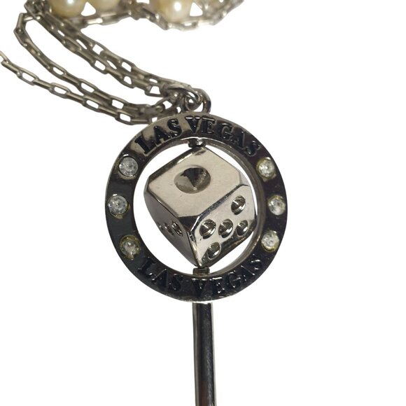 Las Vegas Key Dice Necklace 17" Silver Tone Faux Pearl Rhinestone Accents - Picture 2 of 5